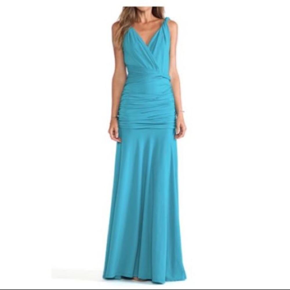 Halston Heritage Turquoise Blue Ruched V-Neck Prom Gown
